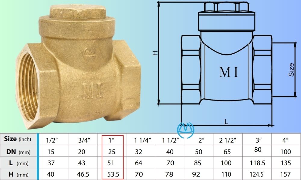 kích thước van 1 chiều lá mi dn25