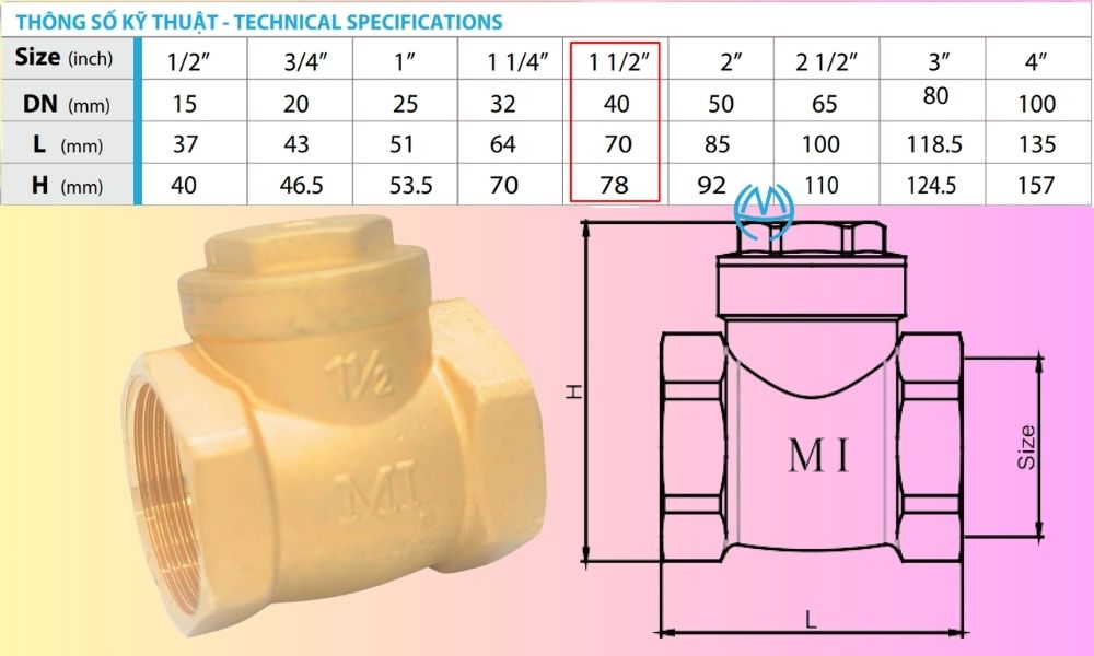 kích thước van 1 chiều lá mi dn40