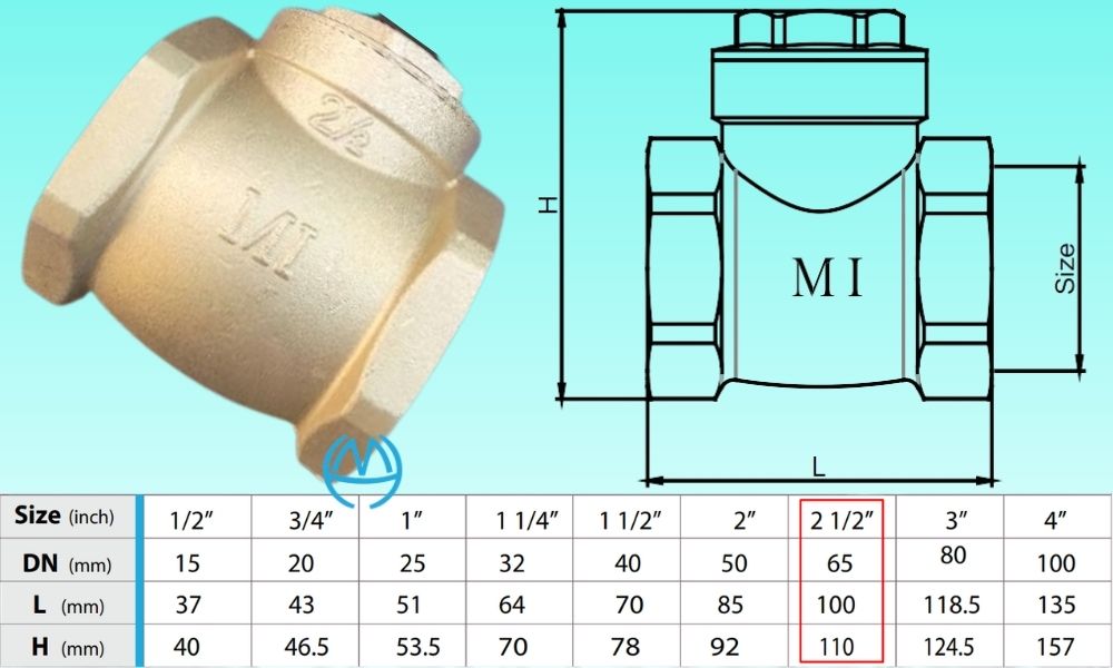 kích thước van 1 chiều lá mi dn65