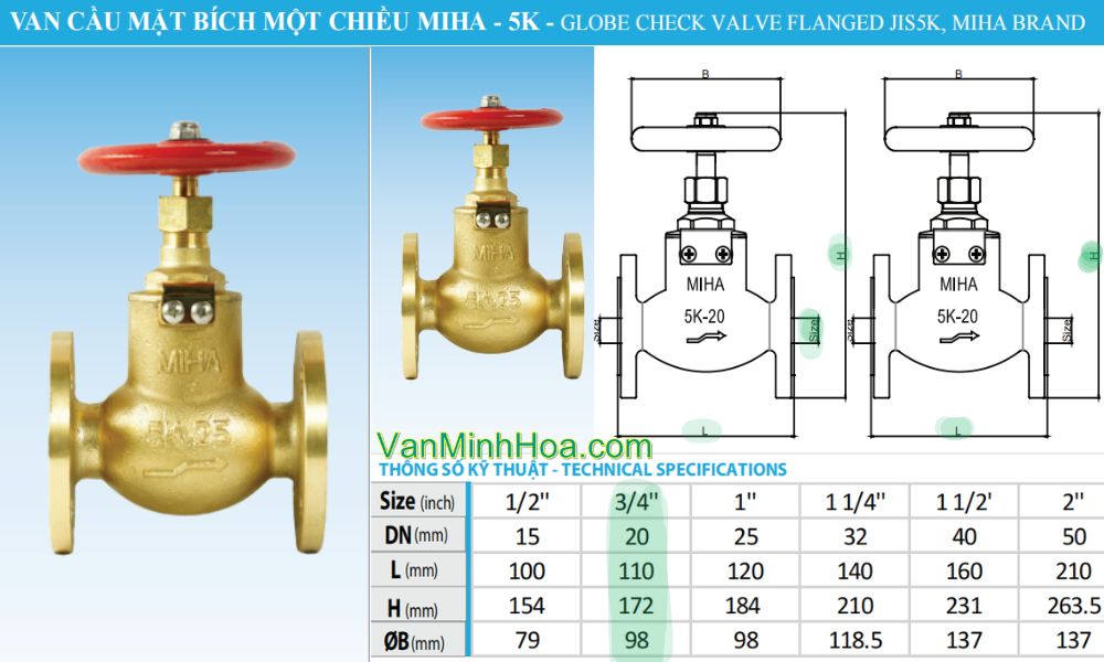 kích thước của van cầu miha 16k 1 chiều dn20