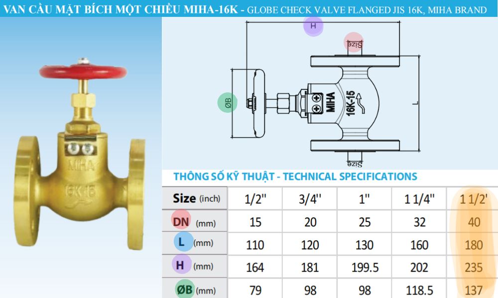 kích thước của van cầu miha 16k 1 chiều dn40
